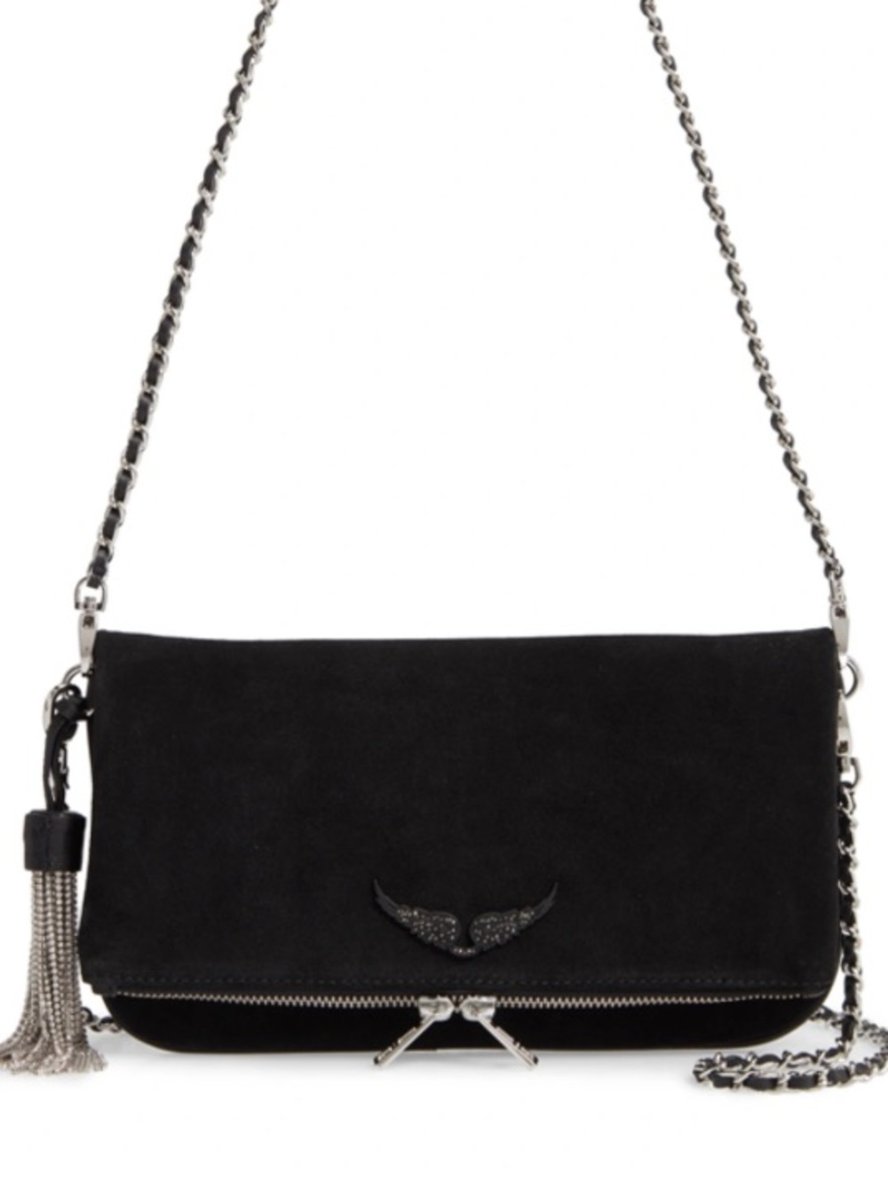Zadig & Voltaire ROCK SUEDE STRASS TASSEL CROSSBODY BAG IN NOIR - Picture 13 of 13